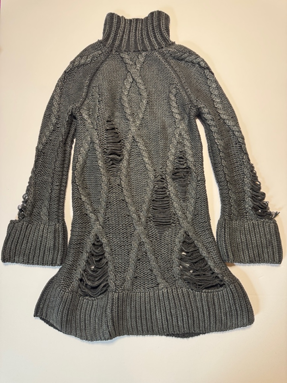ALEXANDER McQUEEN 09 Dark Gray Cable-Knit Turtleneck Sweater Dress Distressed SM - Picture 14 of 16